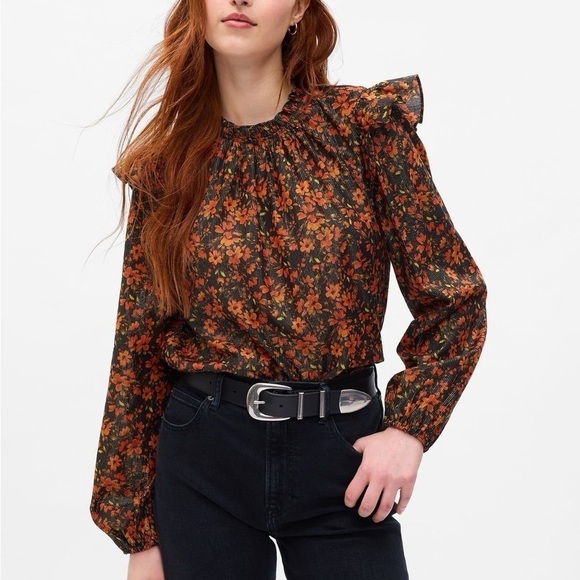 GAP NWT Ruffle Shirt Metallic Cornucopia Red & Black Floral Small - Picture 1 of 9